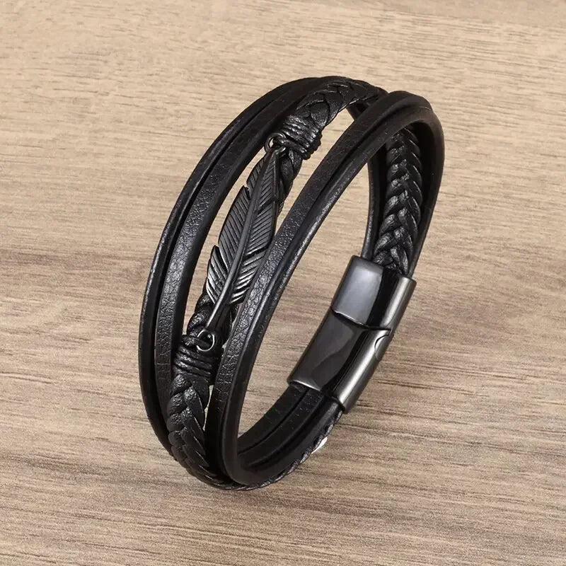 Black Hand Woven Leather Bracelet with Metal Magnetic Clasp Men's Fashion