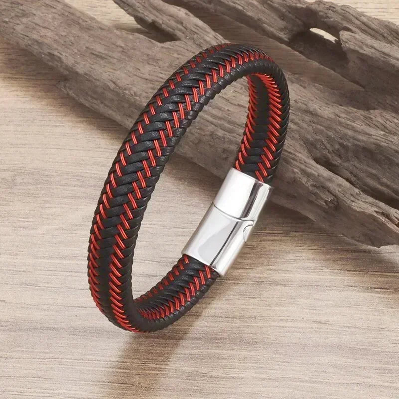 Black Hand Woven Leather Bracelet with Metal Magnetic Clasp Men's Fashion