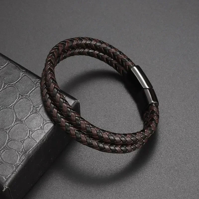 Black Hand Woven Leather Bracelet with Metal Magnetic Clasp Men's Fashion