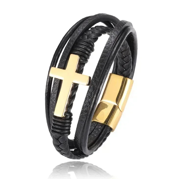 Black Hand Woven Leather Bracelet with Metal Magnetic Clasp Men's Fashion