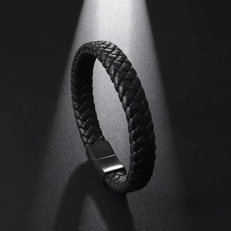 Black Hand Woven Leather Bracelet with Metal Magnetic Clasp Men's Fashion