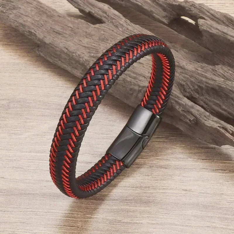 Black Hand Woven Leather Bracelet with Metal Magnetic Clasp Men's Fashion