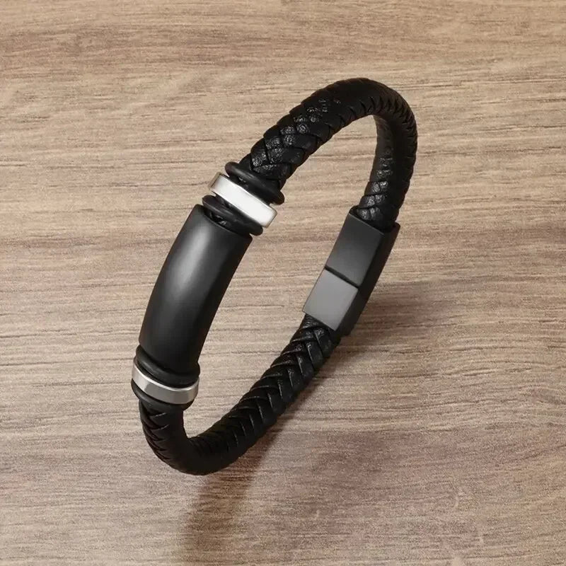 Black Hand Woven Leather Bracelet with Metal Magnetic Clasp Men's Fashion