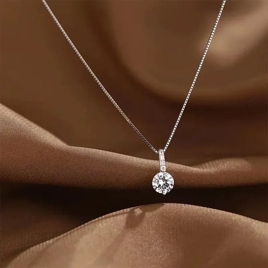 Sterling Silver Round Zircon Necklace Minimalist Style Charm Choker Pendant