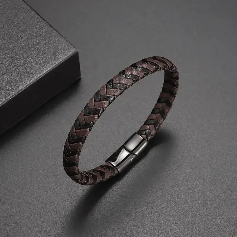 Black Hand Woven Leather Bracelet with Metal Magnetic Clasp Men's Fashion