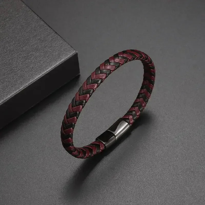 Black Hand Woven Leather Bracelet with Metal Magnetic Clasp Men's Fashion