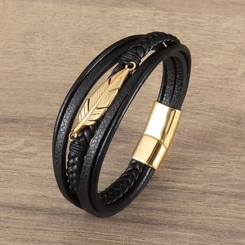 Black Hand Woven Leather Bracelet with Metal Magnetic Clasp Men's Fashion