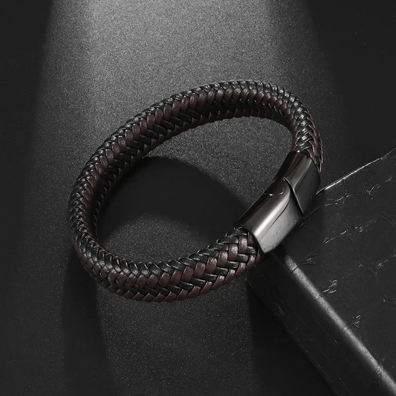 Black Hand Woven Leather Bracelet with Metal Magnetic Clasp Men's Fashion