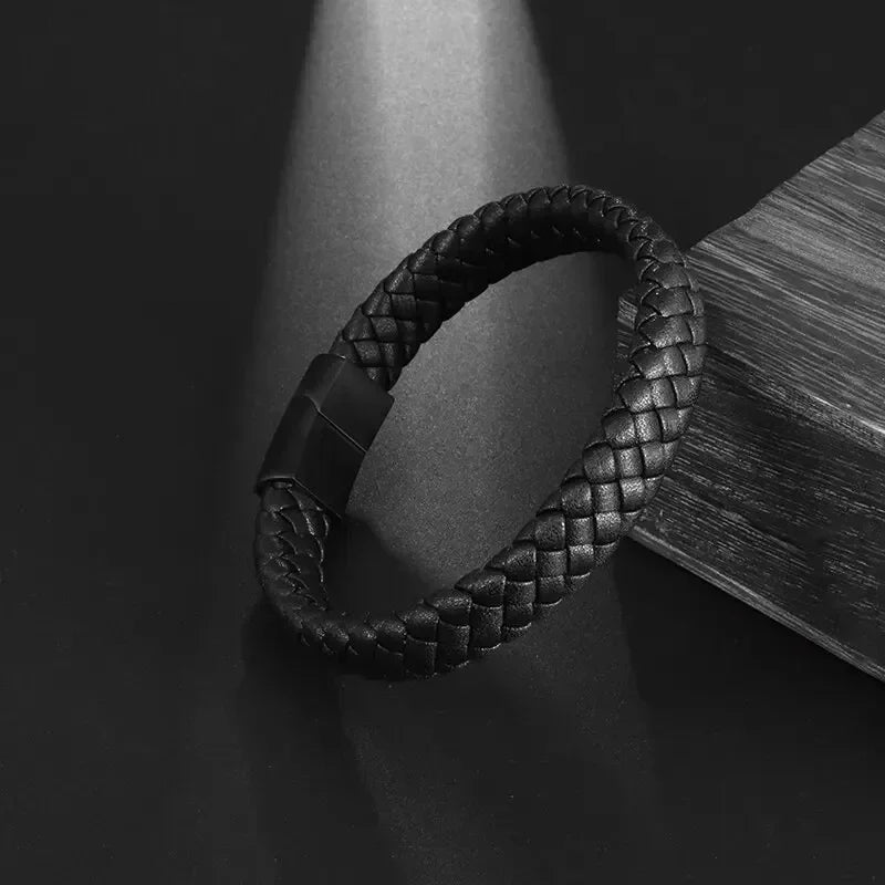 Black Hand Woven Leather Bracelet with Metal Magnetic Clasp Men's Fashion