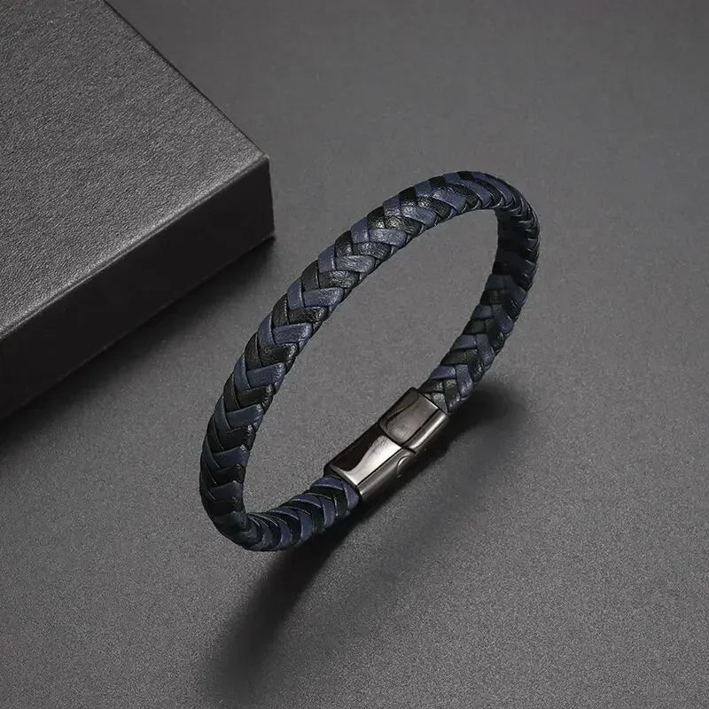 Black Hand Woven Leather Bracelet with Metal Magnetic Clasp Men's Fashion