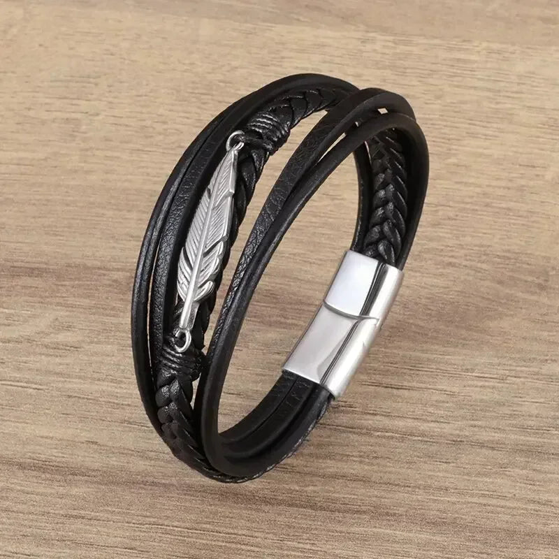 Black Hand Woven Leather Bracelet with Metal Magnetic Clasp Men's Fashion