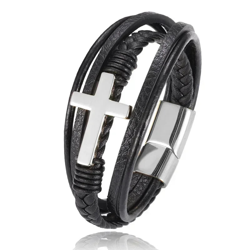 Black Hand Woven Leather Bracelet with Metal Magnetic Clasp Men's Fashion