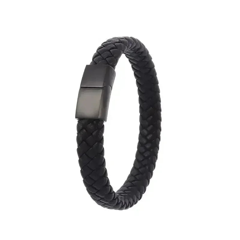 Black Hand Woven Leather Bracelet with Metal Magnetic Clasp Men's Fashion