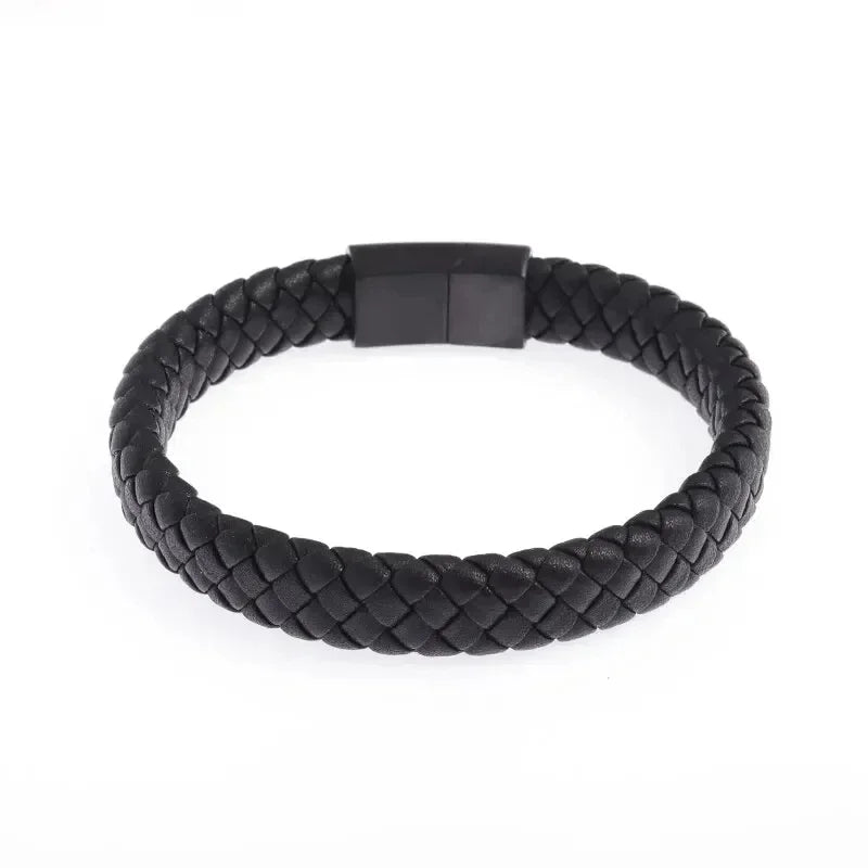 Black Hand Woven Leather Bracelet with Metal Magnetic Clasp Men's Fashion