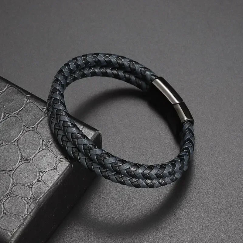 Black Hand Woven Leather Bracelet with Metal Magnetic Clasp Men's Fashion