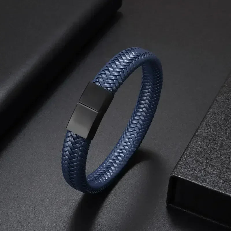 Black Hand Woven Leather Bracelet with Metal Magnetic Clasp Men's Fashion