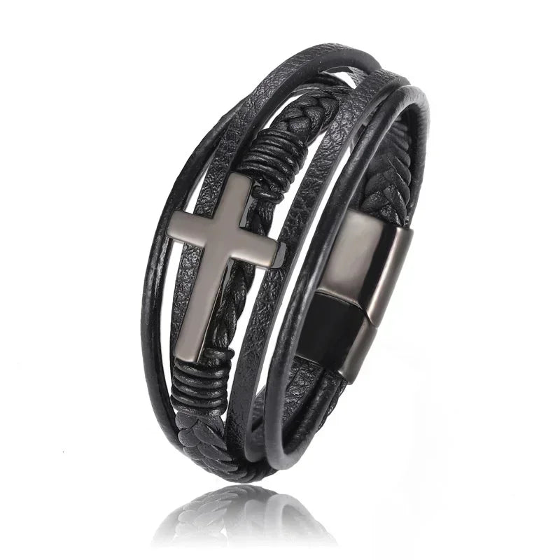 Black Hand Woven Leather Bracelet with Metal Magnetic Clasp Men's Fashion